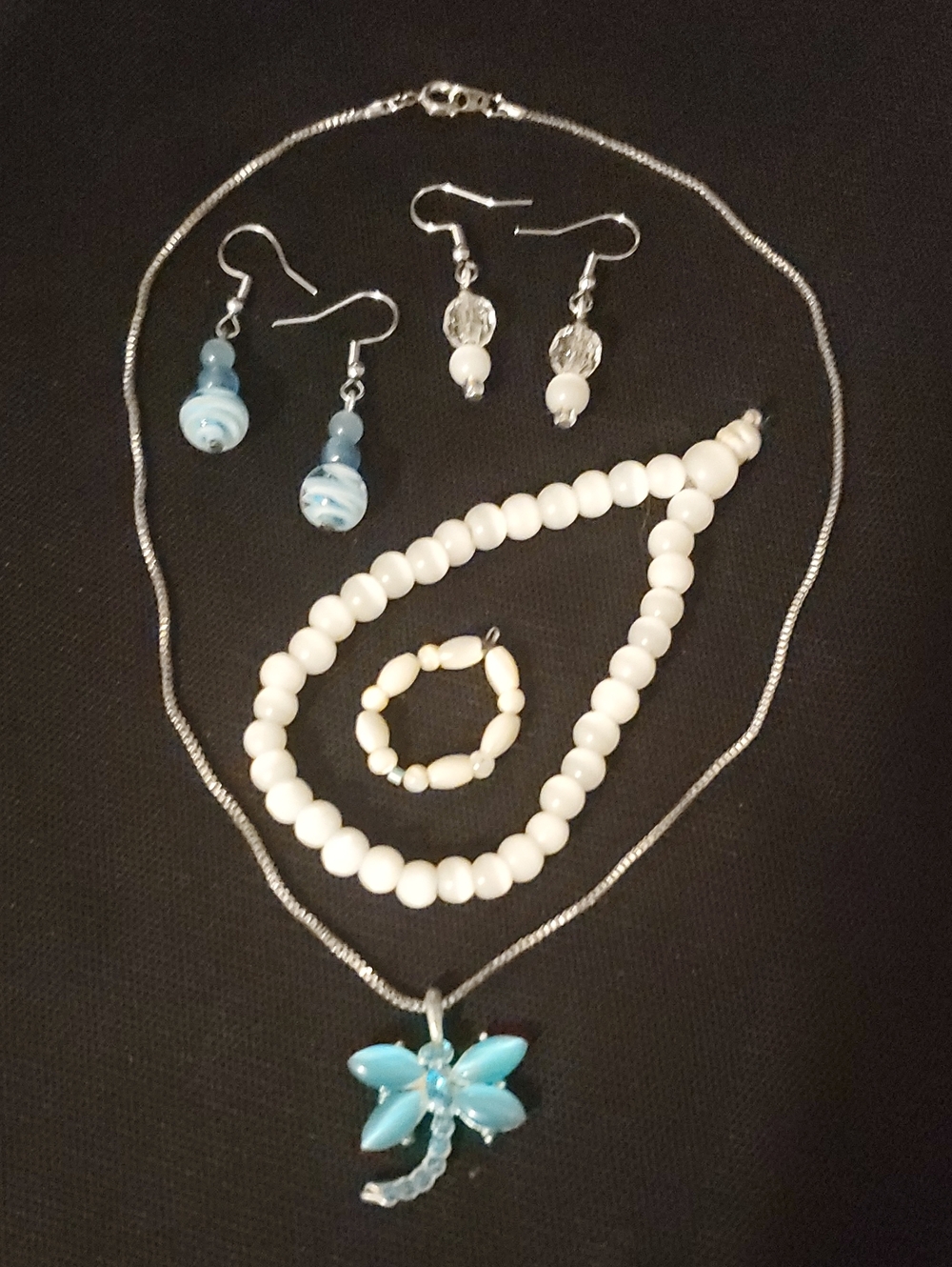 Cyan & White Dragonfly Jewelry Set